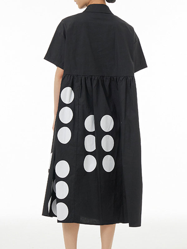 Contrast Color Pleated Split-Joint Loose Short Sleeves Lapel Shirt Dress Midi Dresses