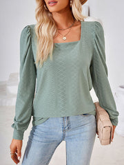 Jacquard Solid Color Loose Square-neck T-Shirts Tops