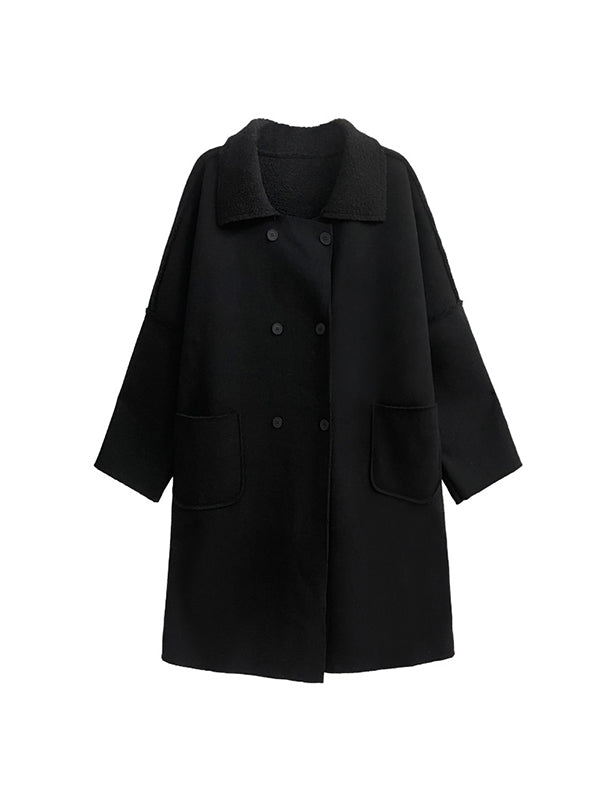 Buttoned Pockets Solid Color Velvet Long Sleeves Loose Lapel Woolen Coat