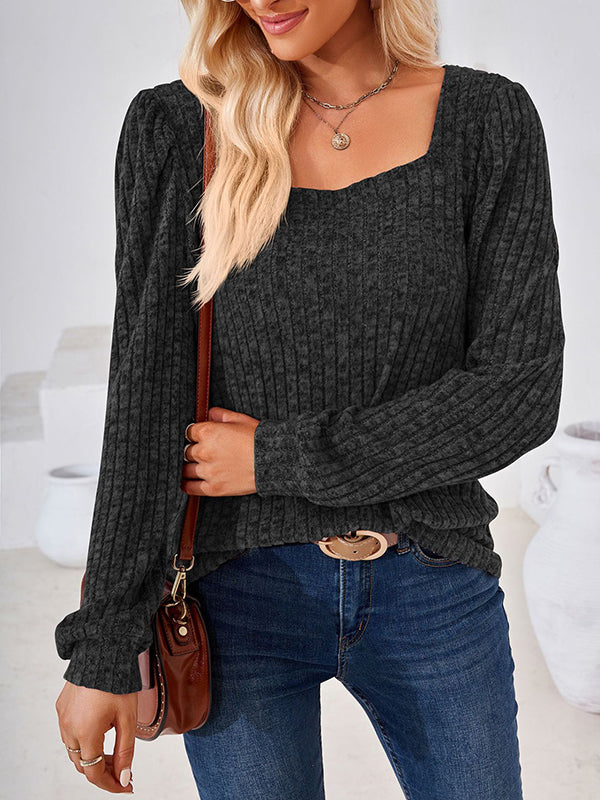Solid Color Long Sleeves Loose Square-Neck T-Shirts Tops