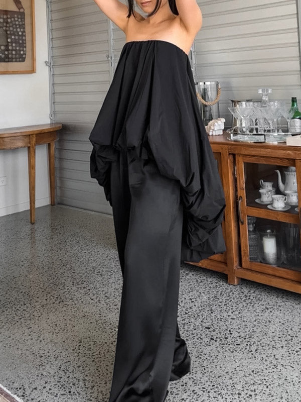 Elasticity Pleated Solid Color Split-Joint High-Low Sleeveless Tube Blouses&Shirts Tops