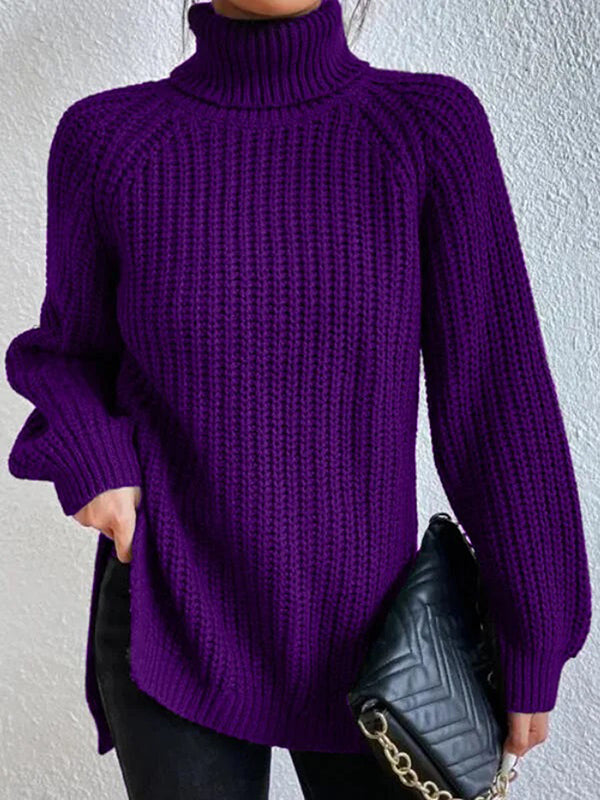 Solid Color Split-side Long Sleeves Loose High Neck Sweater Tops Pullovers