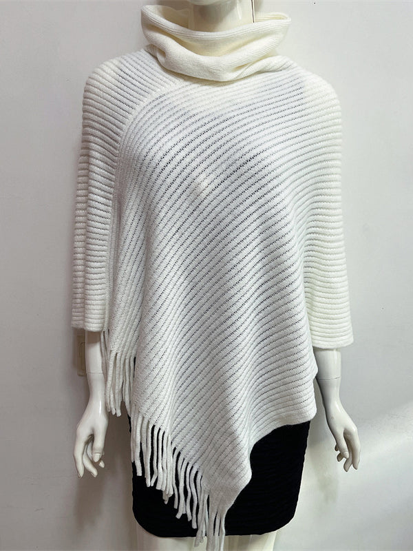 Asymmetric Keep Warm Solid Color Tasseled Loose High Neck Shawl&Cloak Cape