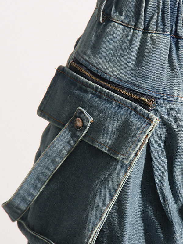 Pleated Pockets Split-Joint Zipper Loose Wide Leg Jean Pants Bottoms