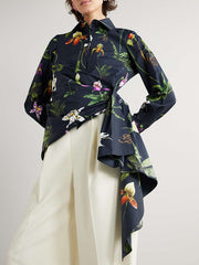 Asymmetric Flower Print Split-Joint Long Sleeves Loose Lapel Blouses&shirts Tops