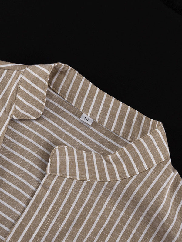 Pleated Split-Toe Striped Loose Puff Sleeves V-neck Blouses&shirts Tops