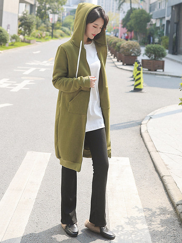 4Colors Drawstring Hooded Split-Joint Pocket Solid Color Zipper Outerwear