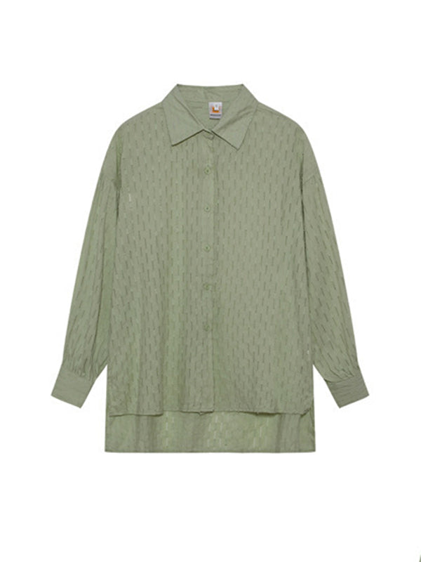Buttoned Jacquard High-Low Long Sleeves Solid Color Lapel Shirts Top +Shorts Bottom Two Pieces Set
