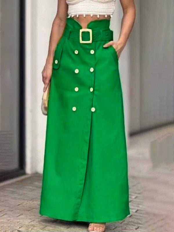 Belted Buttoned Pockets Split-Front High Waisted Loose Skirts Bottoms
