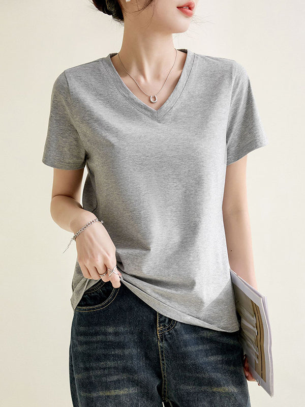 Solid Color Loose Short Sleeves V-Neck T-Shirts Tops