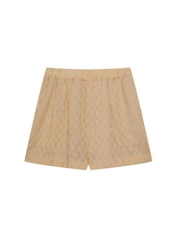 Buttoned Jacquard High-Low Long Sleeves Solid Color Lapel Shirts Top +Shorts Bottom Two Pieces Set
