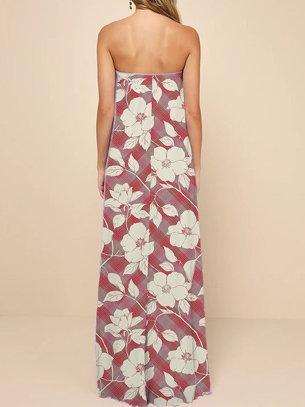 Chest Pad Flower Print A-Line Loose Tube Maxi Dresses