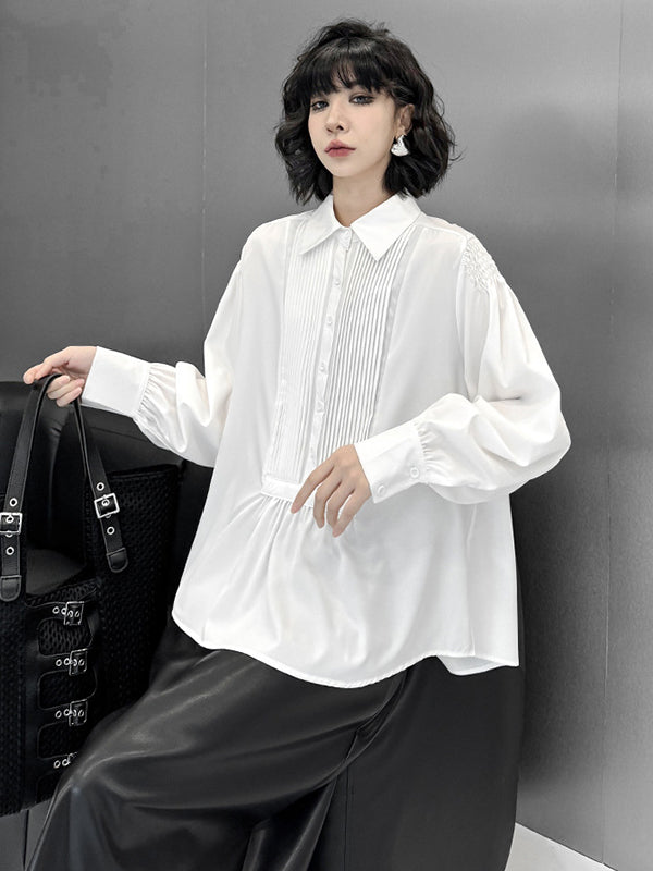 Buttoned Pleated Solid Color Long Sleeves Loose Polo Blouses&Shirts Tops