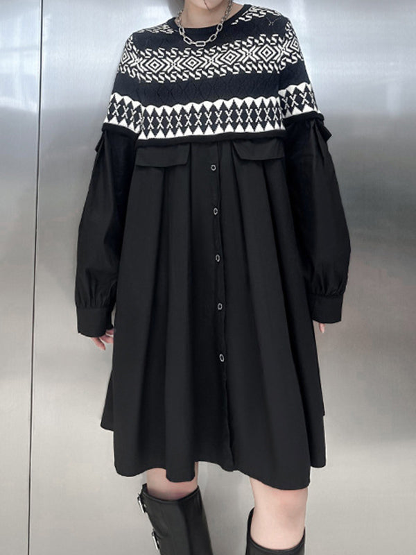 Buttoned Contrast Color Split-Joint A-Line Long Sleeves Round-Neck Mini Dresses