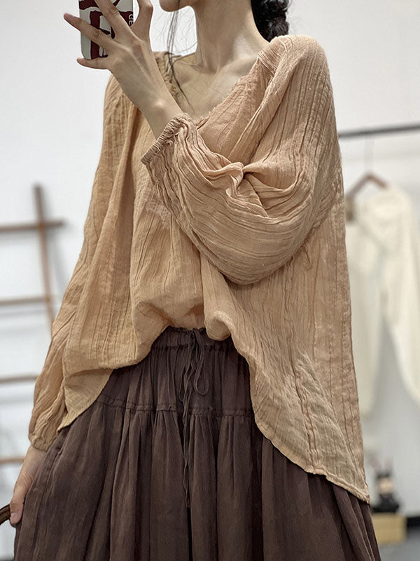 Pleated Solid Color Long Sleeves Loose V-neck Blouses&shirts Tops