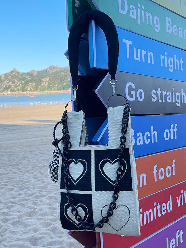 Chains Color-Block Contrast Color Heart Print Woven Shoulder Bags Handbags