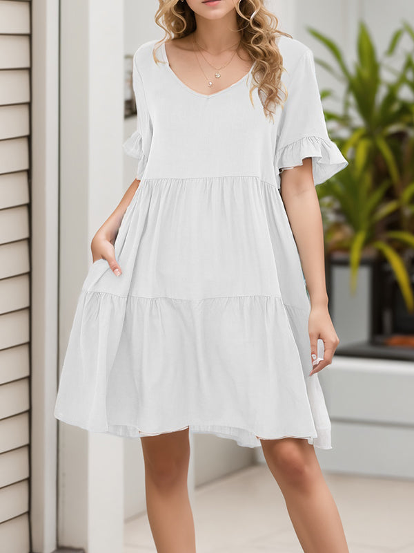 Pleated Pockets Ruffled Solid Color Split-Joint A-Line Flared Sleeves Round-Neck Mini Dresses