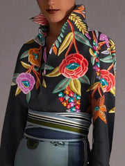 Buttoned Contrast Color Flower Print Flared Sleeves Long Sleeves Lapel Blouses&Shirts Tops