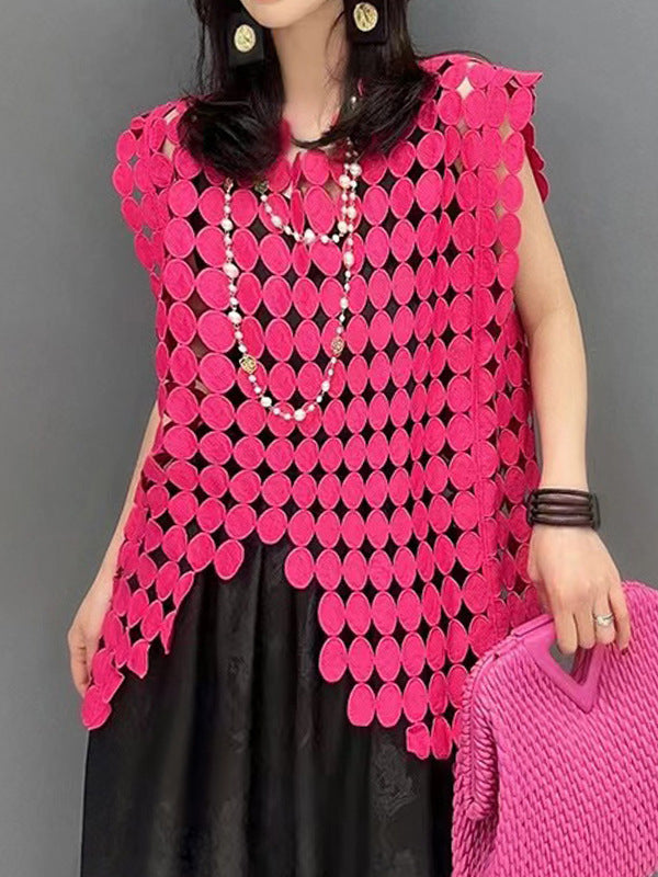 Hollow Solid Color Split-Joint Irregular Clipping Loose Round-Neck Vest Top