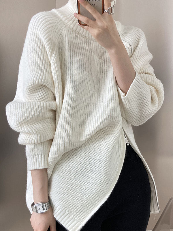 Urban Loose Long Sleeves Split-Side Solid Color Zipper Halter-Neck Sweater Tops