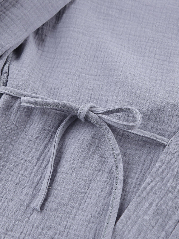 Ribbed Solid Color Long Sleeves Loose V-Neck Robes Pajamas