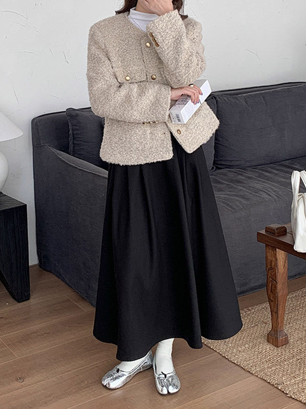 Pleated Solid Color Split-Joint A-Line High Waisted Skirts