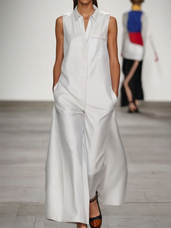 Pockets Solid Color Loose Sleeveless Lapel Jumpsuits