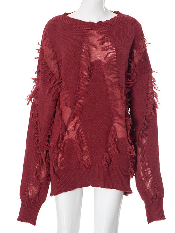Solid Color Tasseled Long Sleeves Loose Round-Neck Sweater Tops Pullovers