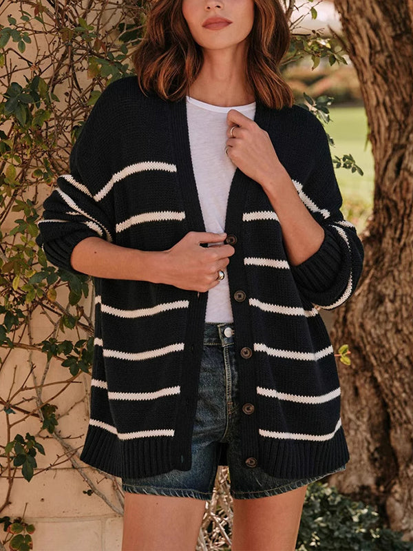 Split-Joint Striped Long Sleeves Loose V-neck Cardigan Tops