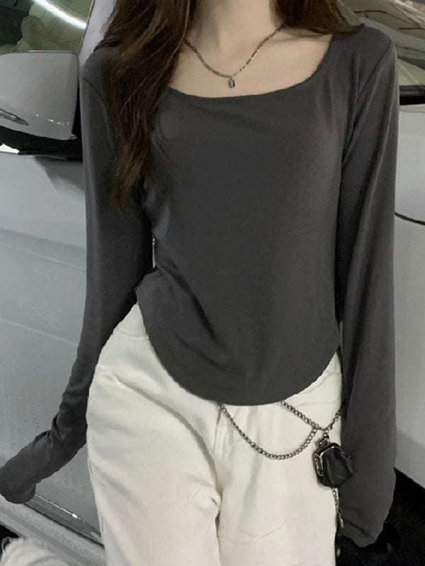 Solid Color Long Sleeves Skinny Square-Neck T-Shirts Tops