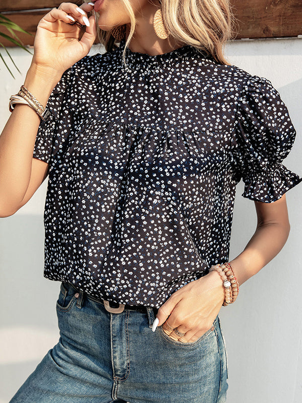 Elastics Floral Printed Split-Joint Bishop Sleeve Stand Collar Blouses&Shirts Tops