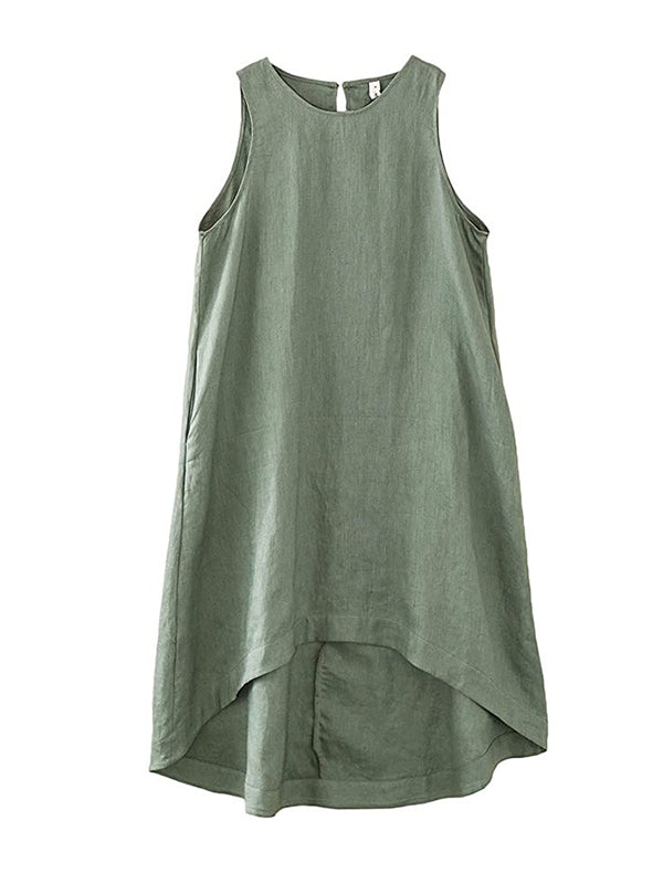 Solid Color High-Low Loose Round-Neck Midi Dresses