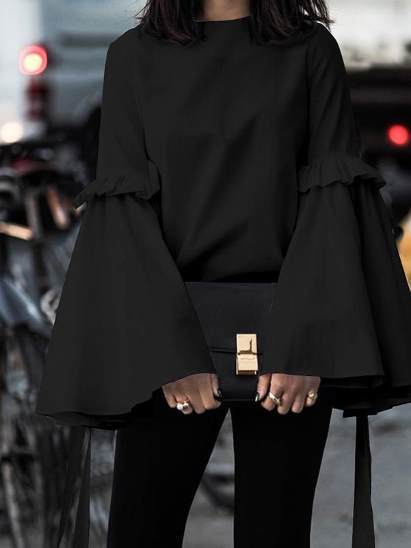 Ruffled Solid Color Split-Joint Flared Sleeves Loose Round-neck T-Shirts Tops