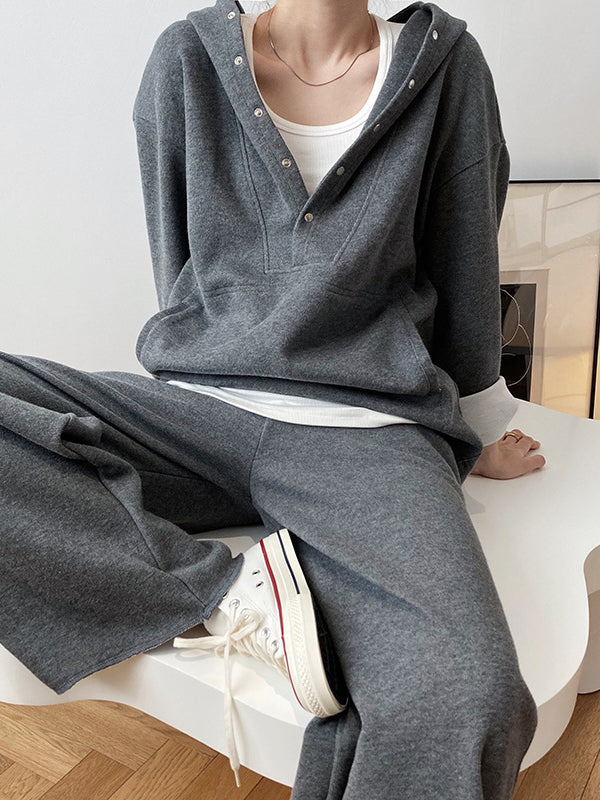 Loose Long Sleeves Split-Joint Hoodies + Elasticity Solid Color Pants Trousers Two Pieces Set