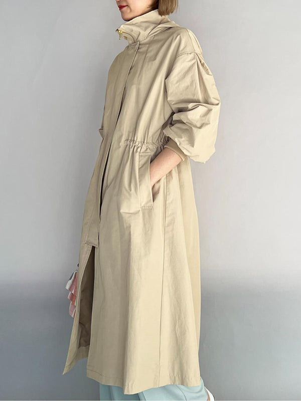 Loose Long Sleeves Drawstring Solid Color Zipper Hooded Trench Coats Outerwear