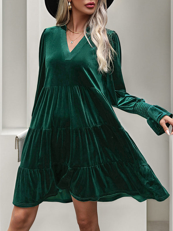 Pleated Solid Color Velvet A-Line Long Sleeves V-Neck Mini Dresses