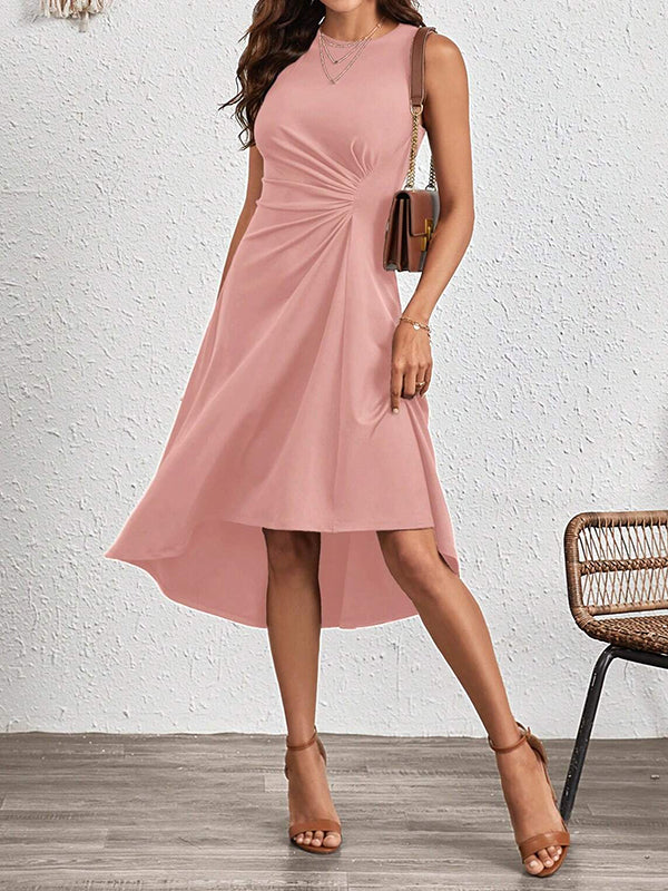 Asymmetric Pleated Solid Color Split-Joint A-Line High Waisted Round-Neck Midi Dresses