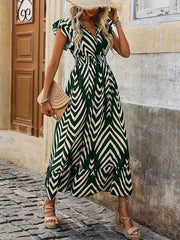 Elasticity Printed Split-Joint Flying Sleeves Loose V-neck Maxi Dresses