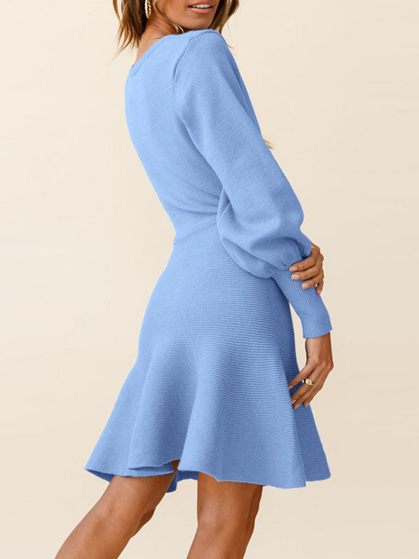 Solid Color Puff Sleeves Wrap Round-Neck Sweater Dress