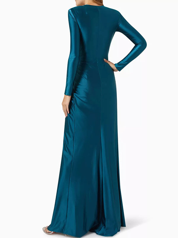 Solid Color Bodycon Long Sleeves Pleated  Split-Front Tied Waist Deep V-Neck Maxi Dresses