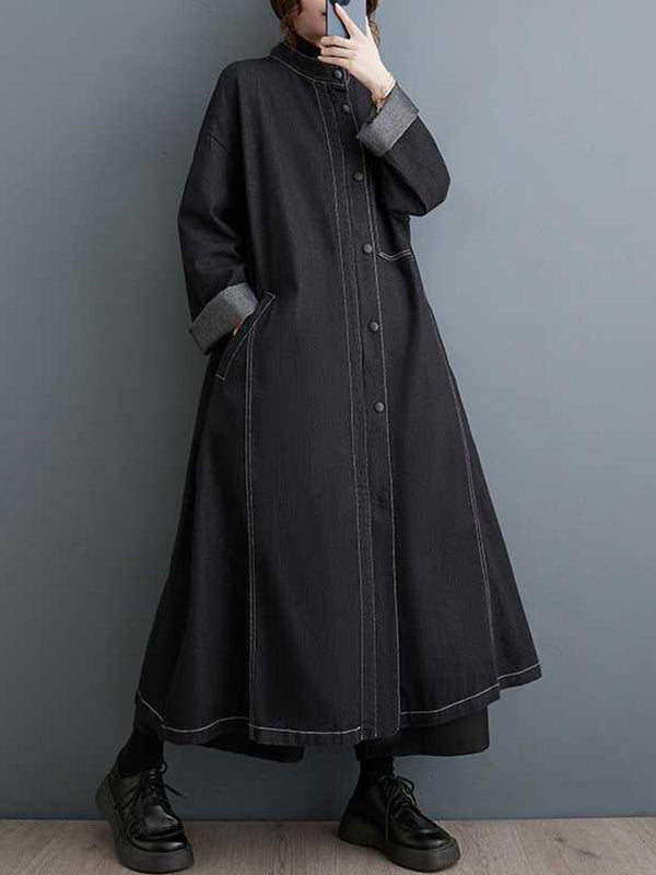 Buttoned Pockets Split-Joint Long Sleeves Loose Stand Collar Trench Coats Outerwear