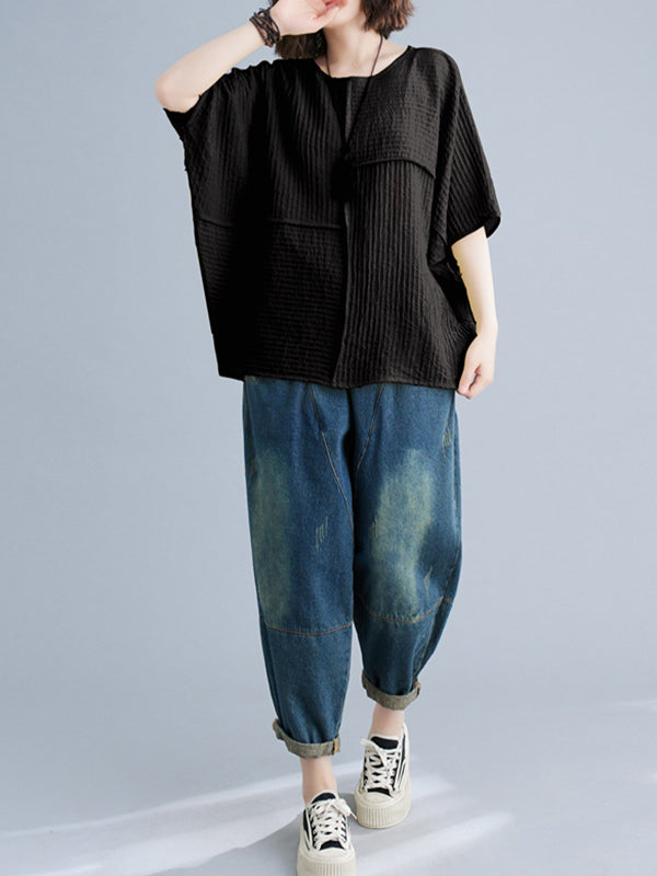 Solid Color Split-Joint Batwing Sleeves Loose Round-neck T-Shirts Tops