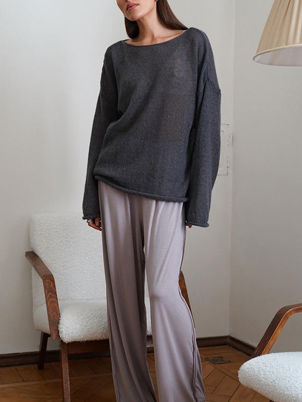 See-Through Solid Color Split-Joint Long Sleeves Loose Round-Neck Sweater Tops