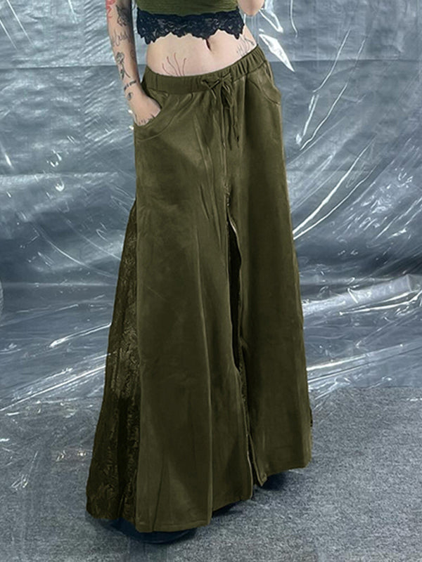 Drawstring Elasticity Gauze Split-Joint Zipper A-line High Waisted Skirts