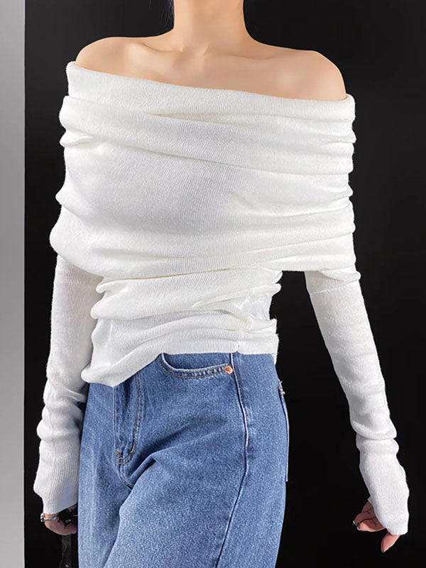 Pleated Solid Color Split-Joint Long Sleeves Skinny Off-the-shoulder Pullovers Knitwear