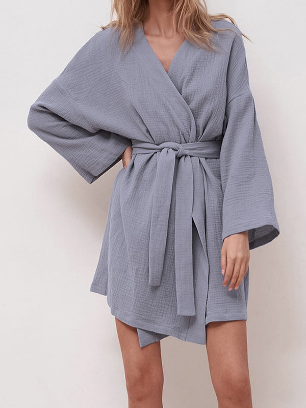 Ribbed Solid Color Long Sleeves Loose V-Neck Robes Pajamas
