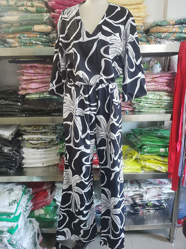 Printed Half Sleeves High Waisted V-Neck Jumpsuits