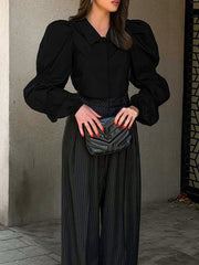 Buttoned Elasticity Solid Color Bishop Sleeve Long Sleeves Lapel Blouses&Shirts Tops