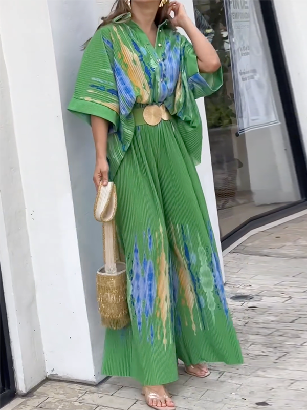 Loose Wide Leg Printed Lapel Collar Blouses Pants Pants Set Two Pieces Set