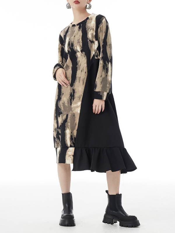 Asymmetric Contrast Color Ruffled Split-Joint Long Sleeves Loose Round-Neck Midi Dresses
